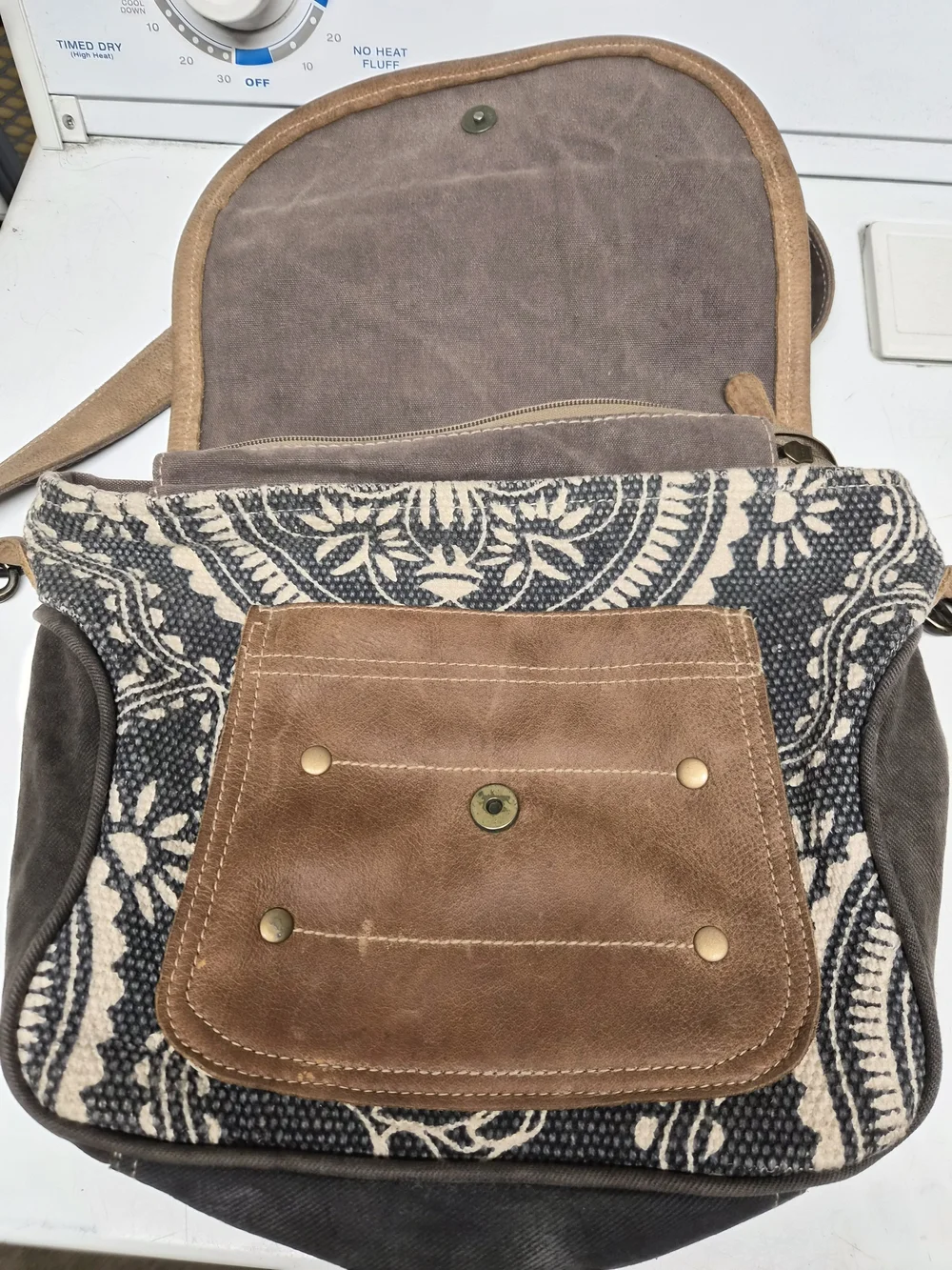 Myra Bag Black-and-Cream Patterned Crossbody with Brown Leather & Fur Accent